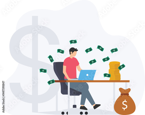 Young man making money online with his laptop, earning a lot of cash by leveraging digital platforms and online business opportunities, managing e-commerce stores, engaging in freelance work