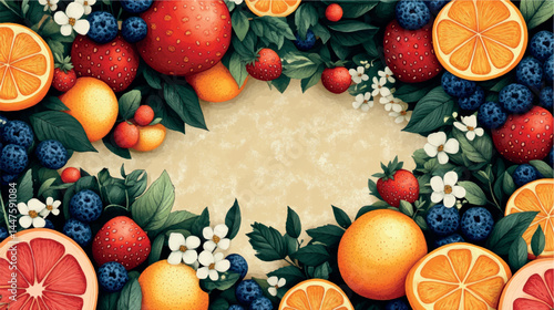 Fruits and berries illustration template with empty space for text. Fruit background art cover for juice and baby food. Fruits, berries and citruses stylized illustration.
