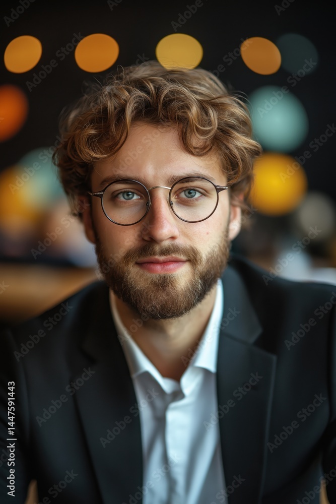 Young man with glasses and beard in suit jacket looking at camera