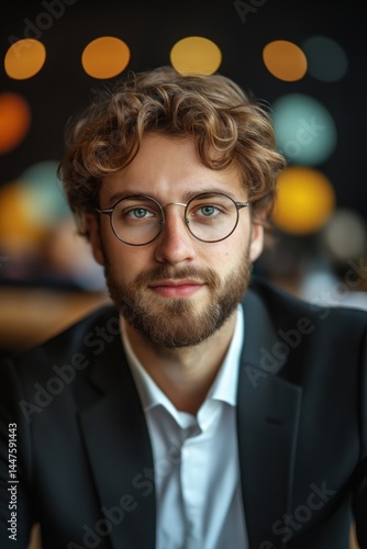 Obraz na płótnie Young man with glasses and beard in suit jacket looking at camera w salonie