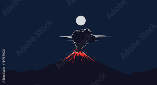 Minimalist Volcano Eruption Silhouette Under Moon