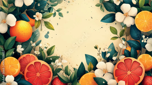 Fruits and berries illustration template with empty space for text. Fruit background art cover for juice and baby food. Fruits, berries and citruses stylized illustration.