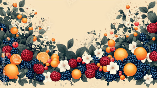 Fruits and berries illustration template with empty space for text. Fruit background art cover for juice and baby food. Fruits, berries and citruses stylized illustration.