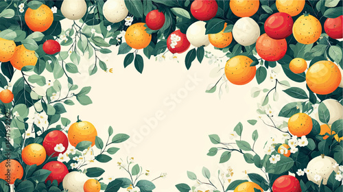 Fruits and berries illustration template with empty space for text. Fruit background art cover for juice and baby food. Fruits, berries and citruses stylized illustration.
