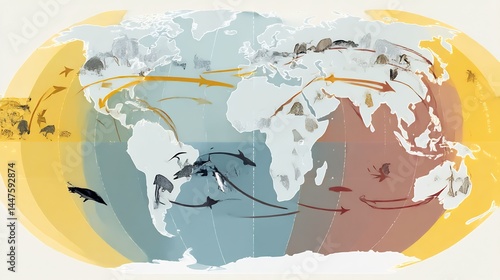 Wallpaper Mural Global animal migration patterns illustrated on a stylized world map projection Torontodigital.ca