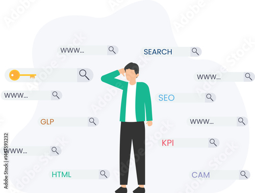 Confused businessman searching for information online using different search engines and keywords, navigating through various sources of data to find the right answers and solutions for his business 