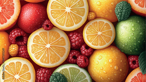 Bright illustration of fruits, citruses and berries. Fruit cover, fruit print. Juicy fruits, berries and citrus fruits stylized illustration ornament.	