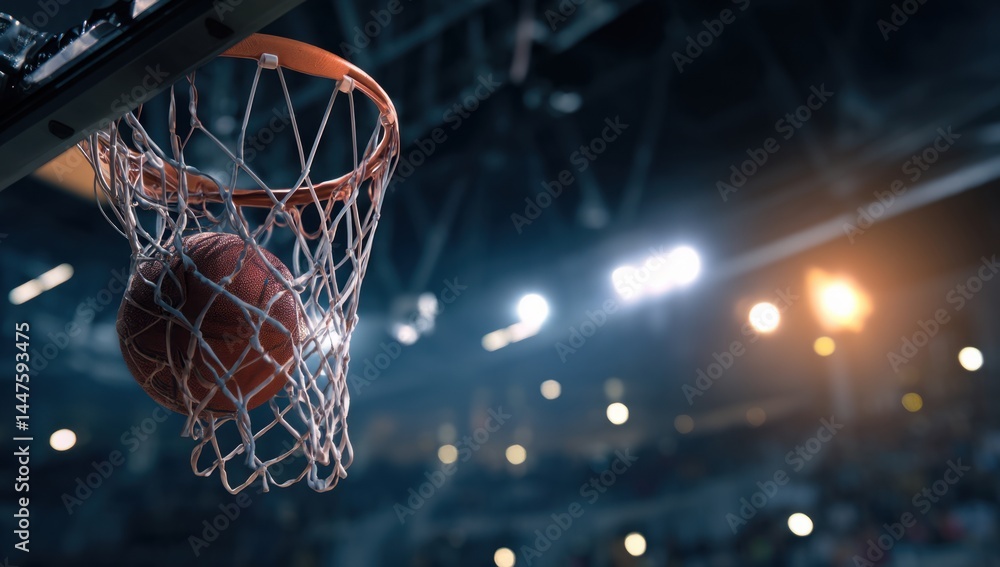 Basketball Swishes Through Net: Arena Lights Gleam, Crowd Roars with Excitement During Thrilling Game, Perfect Shot! Basketball Swishes Through Net: Arena Lights Gleam, Crowd Roars with Excitement During Thrilling Game, Perfect Shot!
