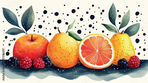 Bright illustration of fruits, citruses and berries. Fruit cover, fruit print. Juicy fruits, berries and citrus fruits stylized illustration ornament.	