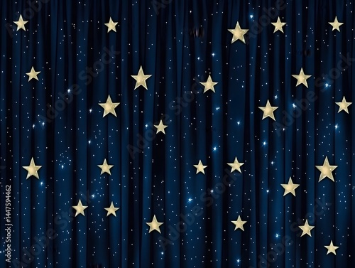 Dark Blue Velvet Curtain with Gold Stars Night Sky Background for Holiday Presentation