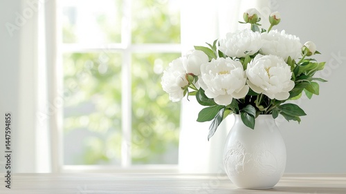 Fototapeta Naklejka Na Ścianę i Meble -  White Peonies in a Vase by the Window peonies peony flowers white flowers vase flower arrangement