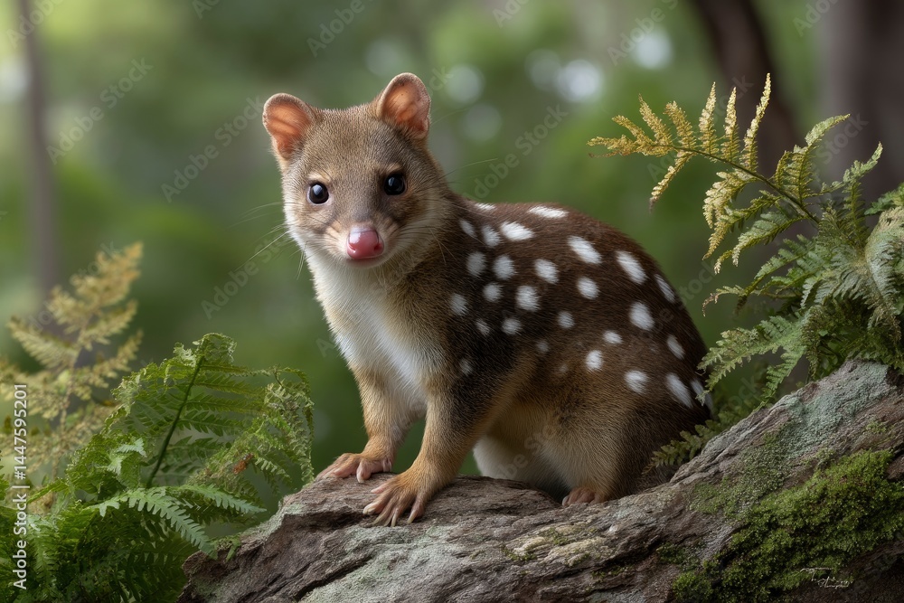 Fototapeta premium Spotted Quoll on Log in Forest