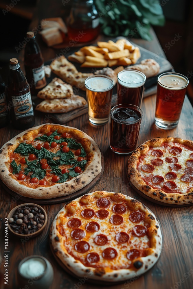 Delicious assortment of pizzas, beer, and snacks on rustic wooden table