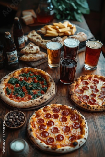 Obraz na płótnie Delicious assortment of pizzas, beer, and snacks on rustic wooden table w salonie
