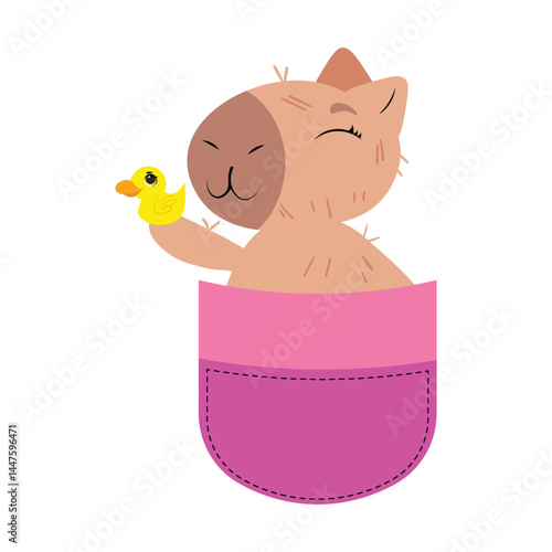Happy capybara in pocket with rubber duck Adorable rodent in pouch holding bath toy Sweet animal in a pocket with duckling Cute pet enjoying playtime graphic