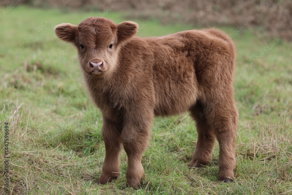 Fototapeta premium Fluffy Highland Calf Standing on Grass