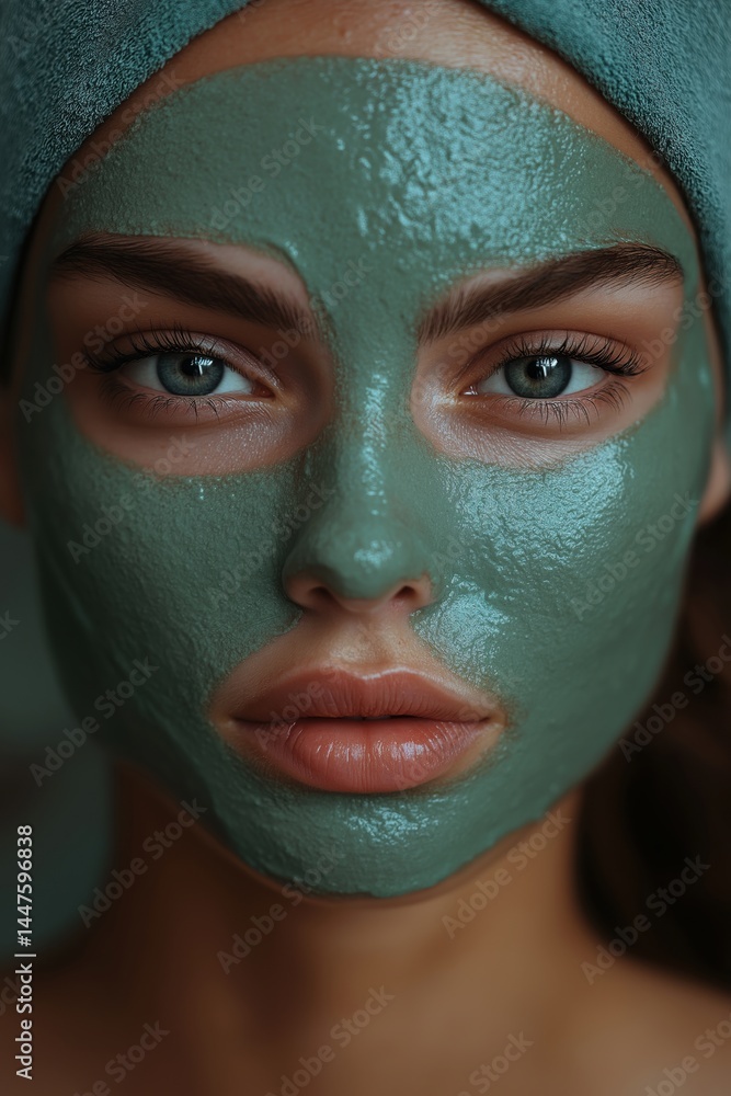 Close-up portrait of woman with green facial mask and towel