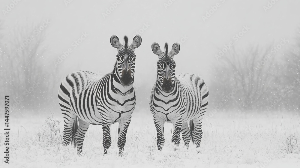 Fototapeta premium Two Striped Zebras Standing Gracefully in a Snowy Wild Landscape Under a Bright Clear Winter Sky