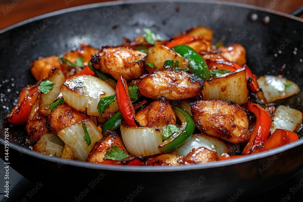 Chicken with Stir-Fried Onions and Peppers in Wok Chicken with Stir-Fried Onions and Peppers in Wok