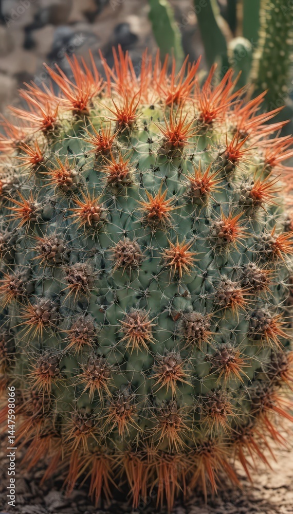 Fototapeta premium A spiky, round cactus, densely covered in sharp spines , natural, brown, wildlife