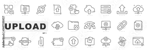 Set of upload related line icons. Online, arrow, up, cloud etc. Editable stroke