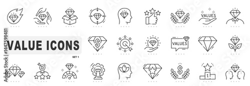 Set of value related line icons. Brilliant, diamond, gem etc. Editable stroke