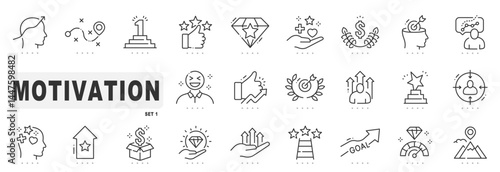 Set of motivation related line icons. Career, inspiration, success etc. Editable stroke