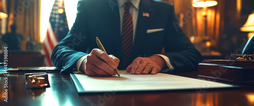 Wallpaper Mural Politician signing official document in government office with us flag Torontodigital.ca