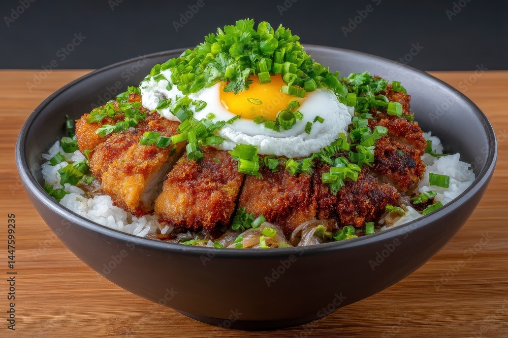 Pork Cutlet Rice Bowl with Fried Egg and Green Onions Pork Cutlet Rice Bowl with Fried Egg and Green Onions