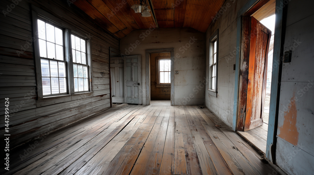 Empty Wooden Room with Open Door and Weathered Walls Empty Wooden Room with Open Door and Weathered Walls