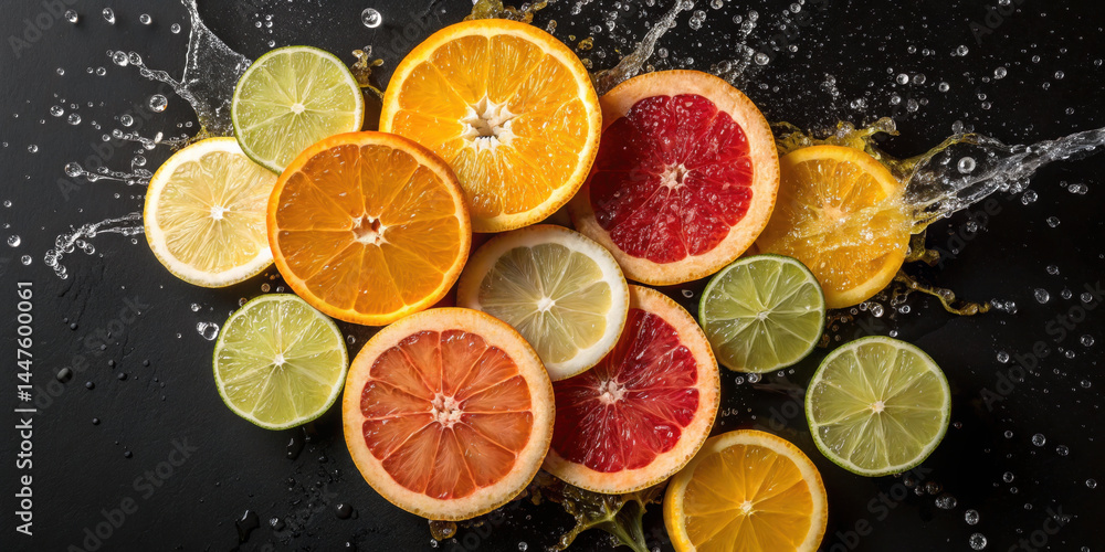 Sliced citrus mix with orange, lemon, lime, and grapefruit on black background with water splash, creating fresh and vibrant feeling Sliced citrus mix with orange, lemon, lime, and grapefruit on black background with water splash, creating fresh and vibrant feeling
