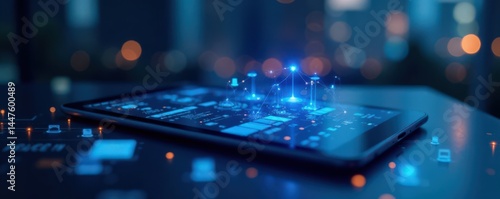 Blue and black web business technology icon of a tablet with a network connection, tablet, innovation, network