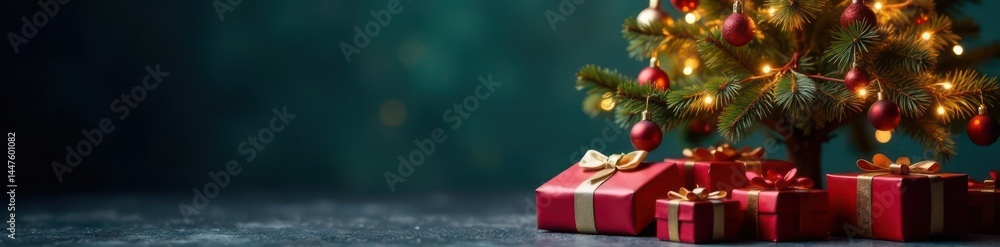 Obraz premium Ornate Christmas tree with presents underneath, tree, winter, package