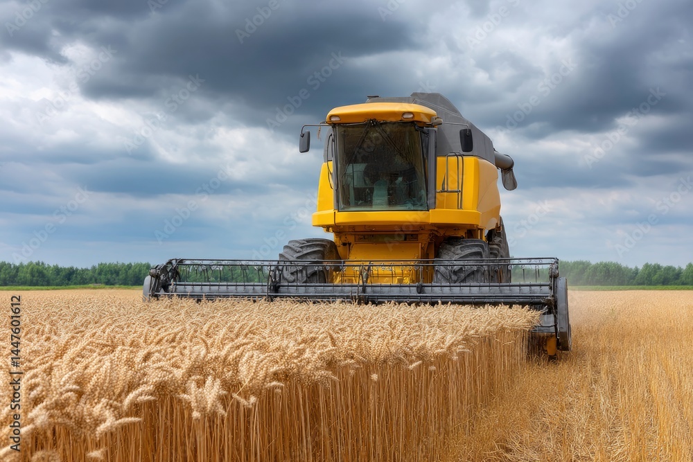 Fototapeta premium Combine Harvester Harvesting Wheat Field Under Cloudy Sky