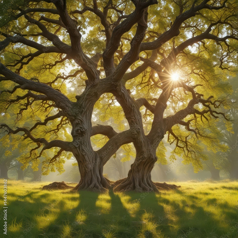 Fototapeta premium Ancient oak dominates grassy field, sunlight dappled leaves , tall, clouds