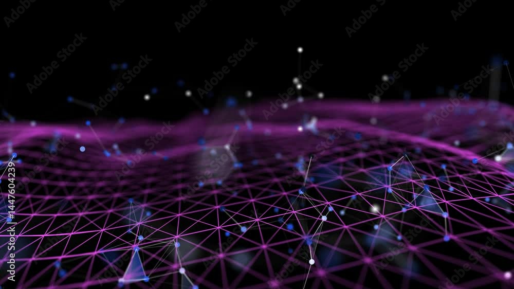 Futuristic background wavy grid quantum computing with poligons broken data. Big data.  Digital technology concept research lost bytes in ciberspace.