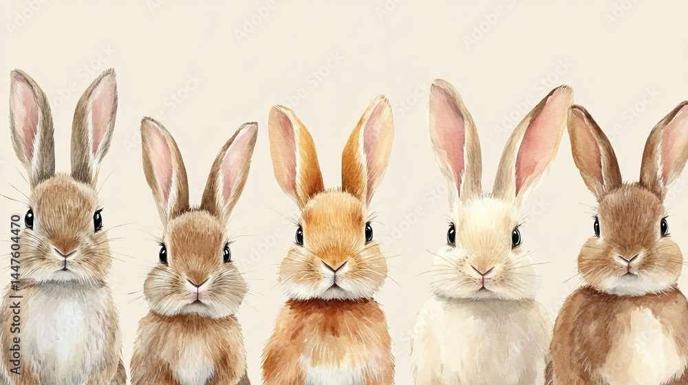 Obraz premium Three Cute Rabbits Sitting in a Row Against a Soft Green Background Creating a Playful and Charming Scene