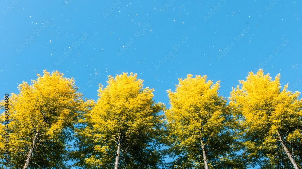 Fototapeta premium Vibrant Yellow Trees Under a Clear Autumn Sky Golden foliage bright sunlight nature background