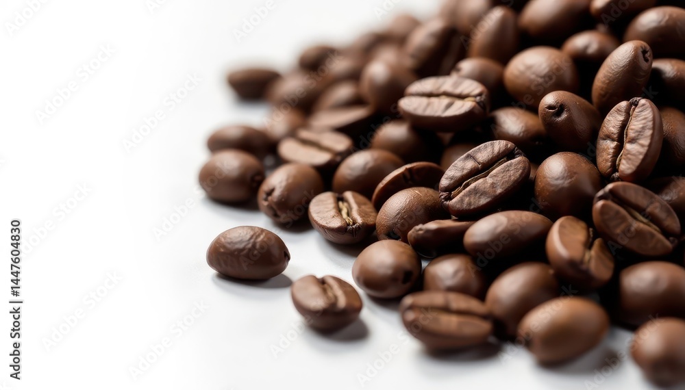 Close-up of dark roasted coffee beans on white background, brown, beverage Close-up of dark roasted coffee beans on white background, brown, beverage