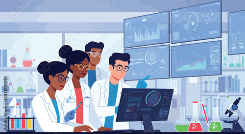 Scientists Collaborating on Data Analysis - Vector Art