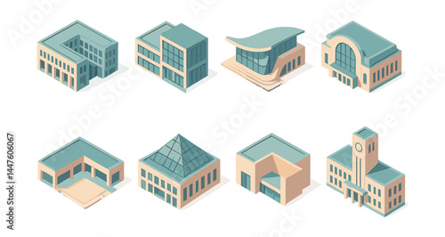 Contemporary civic building icons set – school, library, museum, theater, auditorium, courthouse, pavilion, tower