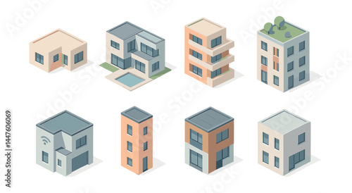 Isometric modern homes icons set – minimalist, residential, architecture, urban