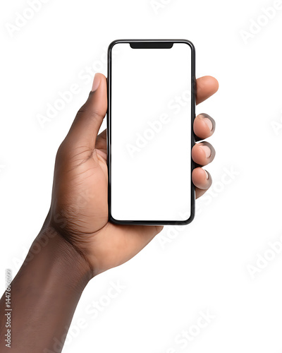 Black man hand holding smartphone with blank screen isolated on transparent background