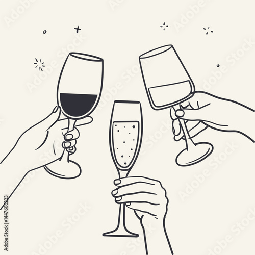 Female hand holding a glass of wine. Minimal linear fashion style.