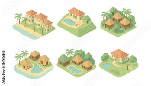 Luxury resort icons set – villas, pool, tropical, beach, cottages, island, trees, gardens, relaxation
