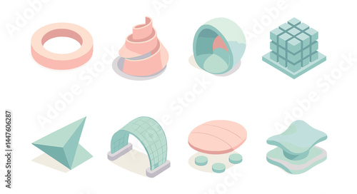 Abstract pavilion concepts icons set – spiral, dome, cube, pyramid, ring, sphere