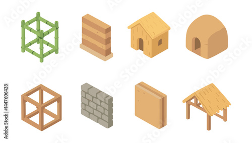 Eco-friendly building materials icons set – bamboo, wood, adobe, straw, stone, sustainable architecture