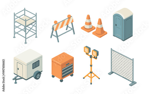 Construction and safety icons set – barricade, cones, scaffolding, lighting, fence, toolbox