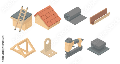 Rooftop building essentials icons set – ladder, roof, shingles, insulation, beam