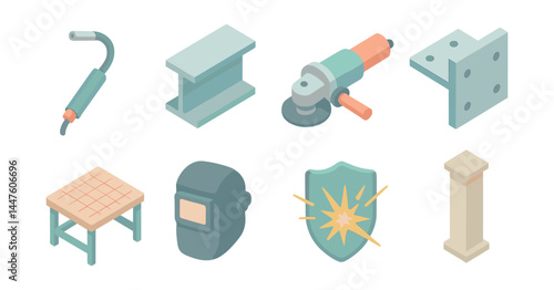 Isometric steelwork icons set – welding, steel beam, grinder, bracket, safety shield